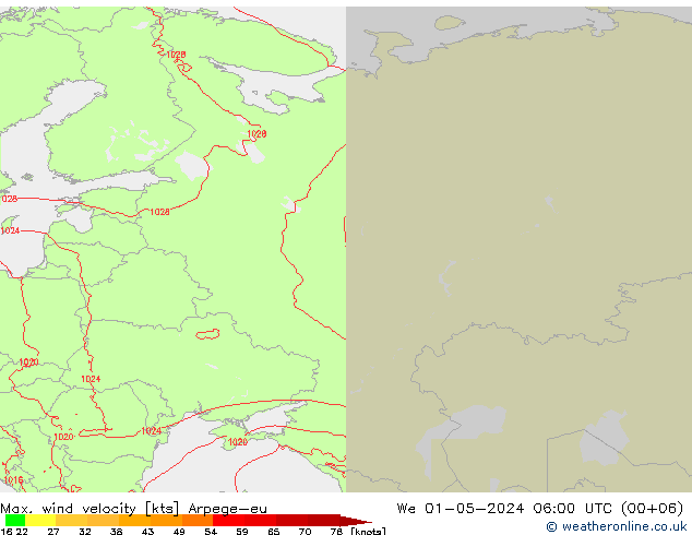 Max. wind velocity Arpege-eu śro. 01.05.2024 06 UTC