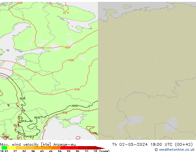 Max. wind velocity Arpege-eu Th 02.05.2024 18 UTC