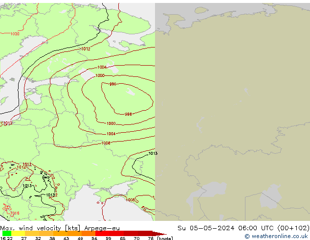 Max. wind velocity Arpege-eu  05.05.2024 06 UTC