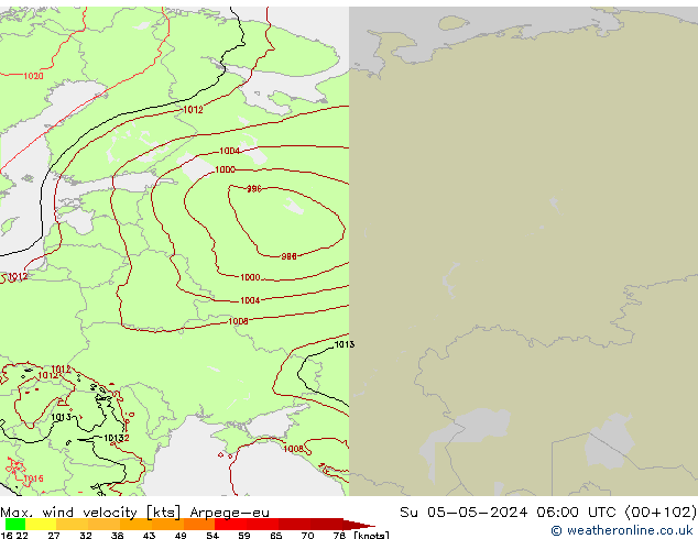 Max. wind velocity Arpege-eu nie. 05.05.2024 06 UTC