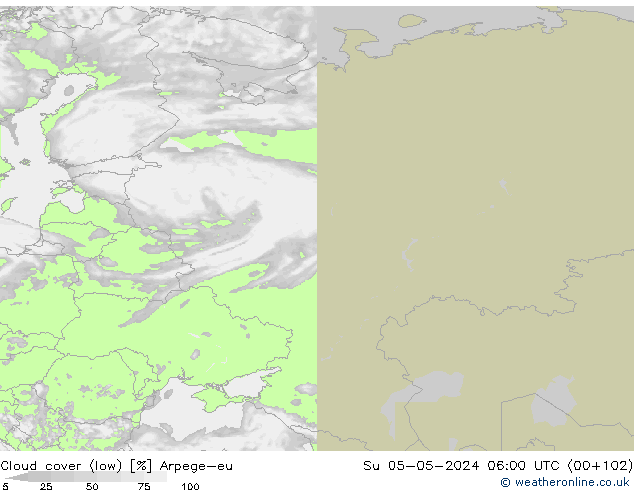 Cloud cover (low) Arpege-eu Su 05.05.2024 06 UTC