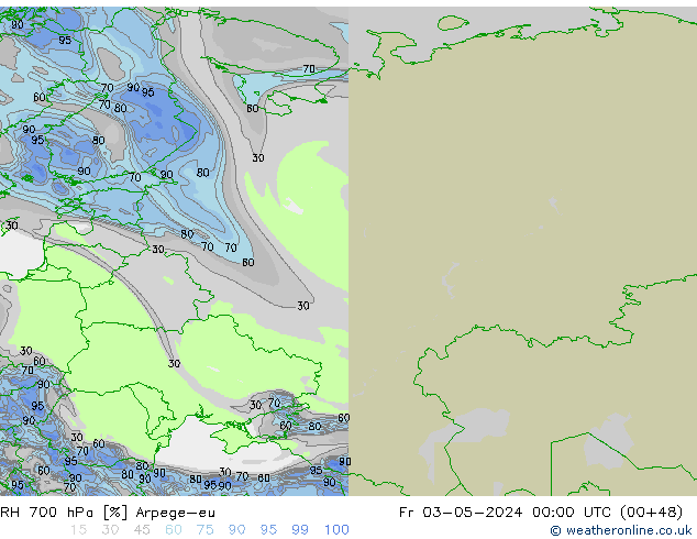 Humidité rel. 700 hPa Arpege-eu ven 03.05.2024 00 UTC