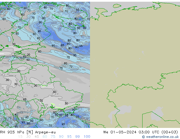 RH 925 hPa Arpege-eu Mi 01.05.2024 03 UTC