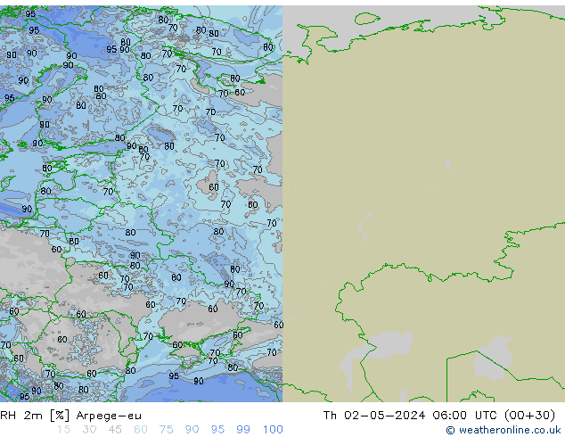 RH 2m Arpege-eu Th 02.05.2024 06 UTC