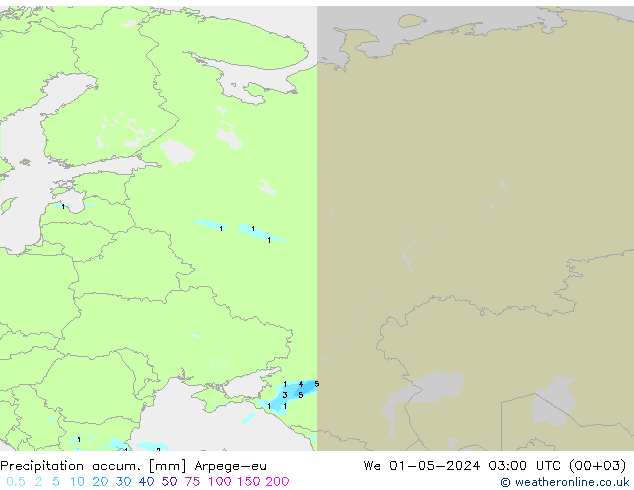 Totale neerslag Arpege-eu wo 01.05.2024 03 UTC