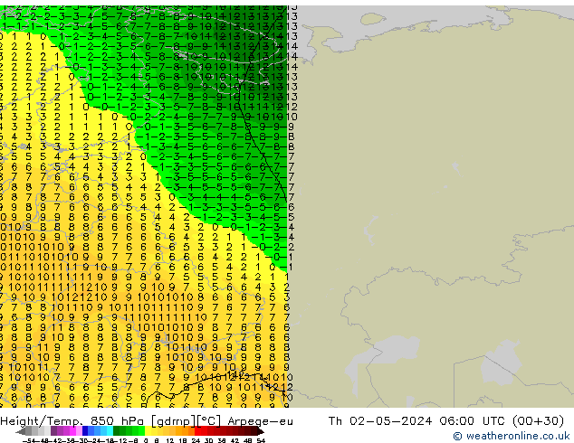 Height/Temp. 850 hPa Arpege-eu czw. 02.05.2024 06 UTC