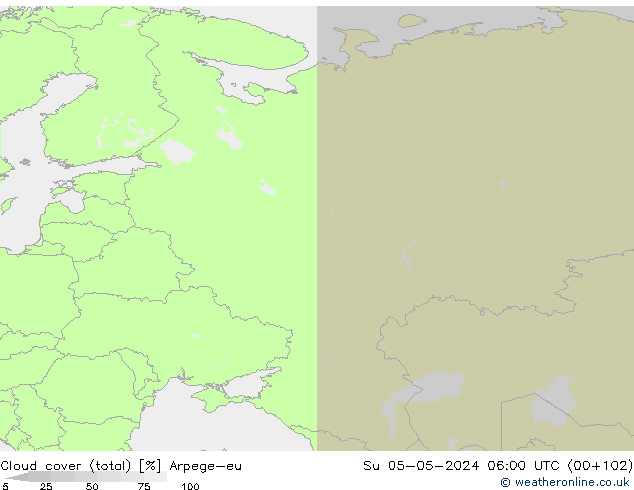 Nubes (total) Arpege-eu dom 05.05.2024 06 UTC