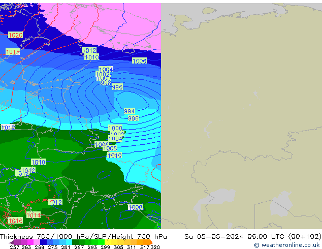 Thck 700-1000 hPa Arpege-eu Su 05.05.2024 06 UTC