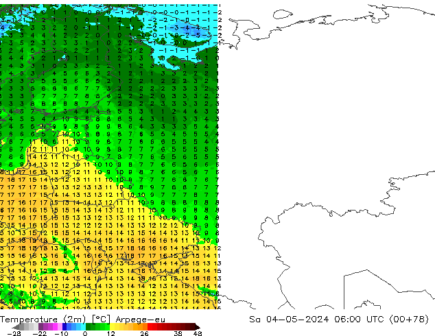 Temperatura (2m) Arpege-eu Sáb 04.05.2024 06 UTC