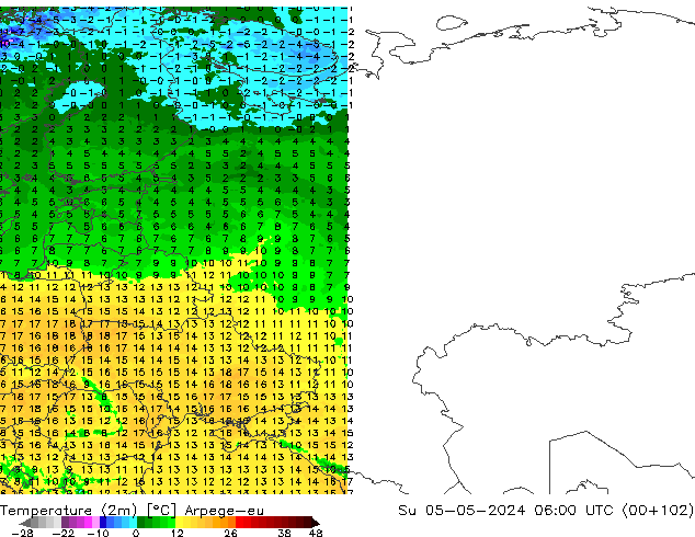 Temperatuurkaart (2m) Arpege-eu zo 05.05.2024 06 UTC
