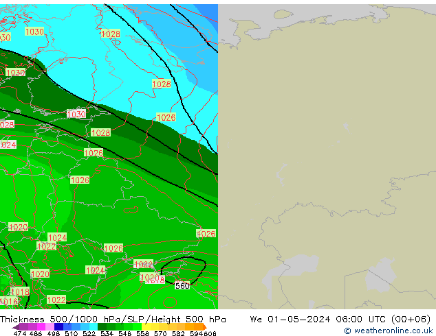 Espesor 500-1000 hPa Arpege-eu mié 01.05.2024 06 UTC