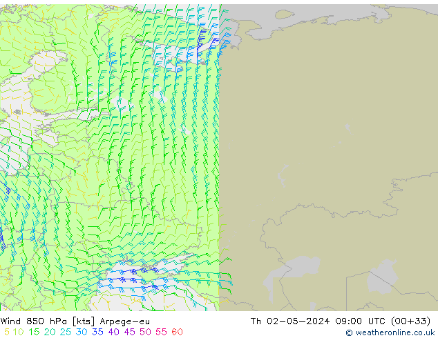 Wind 850 hPa Arpege-eu Th 02.05.2024 09 UTC