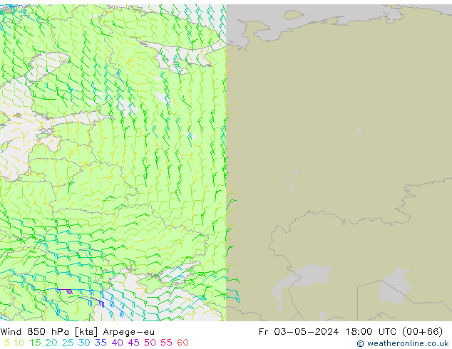 wiatr 850 hPa Arpege-eu pt. 03.05.2024 18 UTC