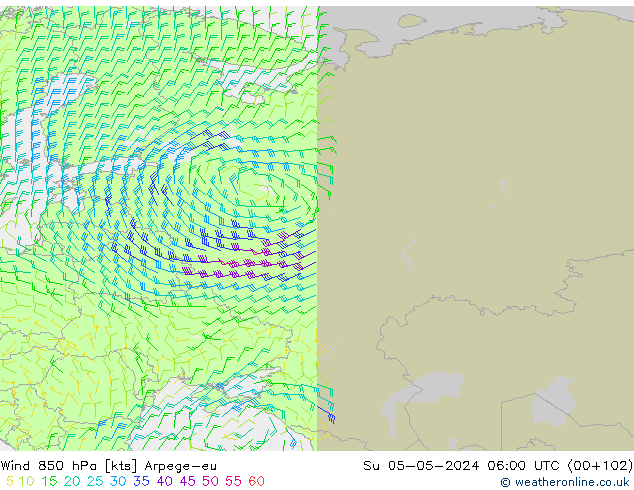 Wind 850 hPa Arpege-eu zo 05.05.2024 06 UTC