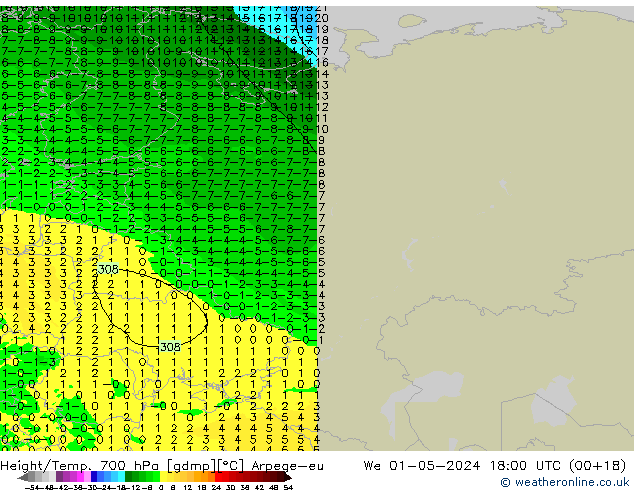 Height/Temp. 700 hPa Arpege-eu St 01.05.2024 18 UTC