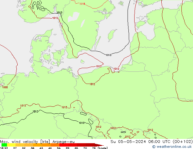 Max. wind snelheid Arpege-eu zo 05.05.2024 06 UTC