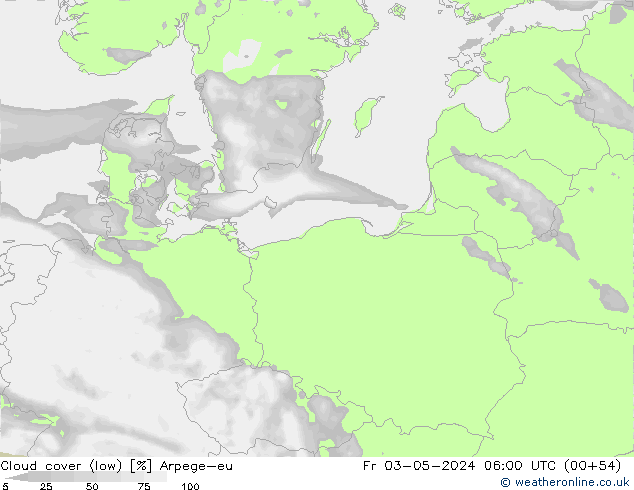 Bewolking (Laag) Arpege-eu vr 03.05.2024 06 UTC