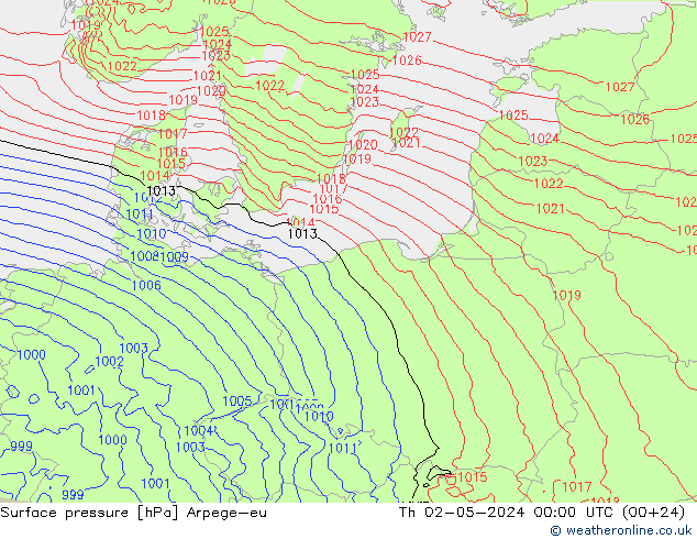 Pressione al suolo Arpege-eu gio 02.05.2024 00 UTC