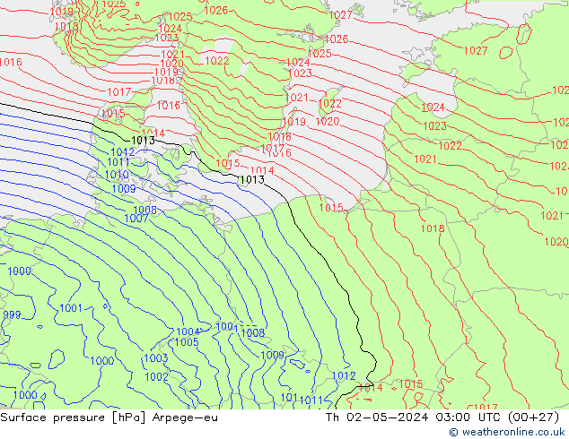 Atmosférický tlak Arpege-eu Čt 02.05.2024 03 UTC