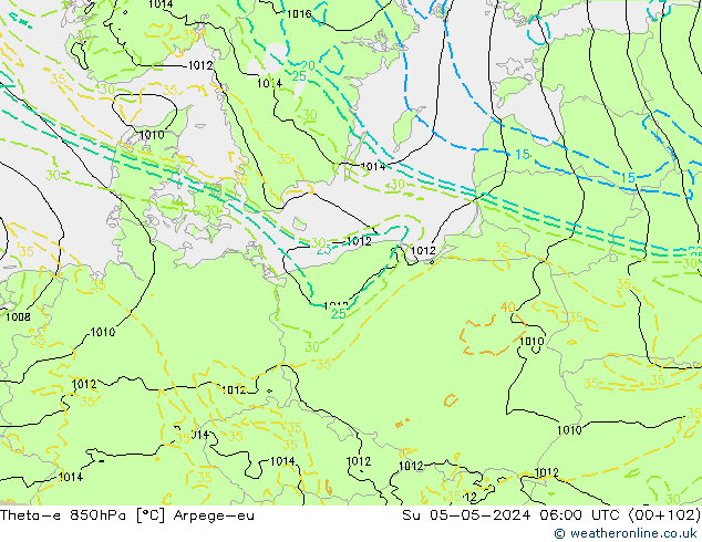 Theta-e 850hPa Arpege-eu Su 05.05.2024 06 UTC