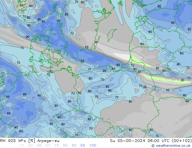 RH 925 hPa Arpege-eu Ne 05.05.2024 06 UTC