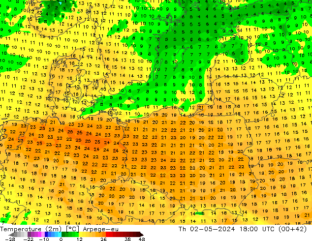 Sıcaklık Haritası (2m) Arpege-eu Per 02.05.2024 18 UTC