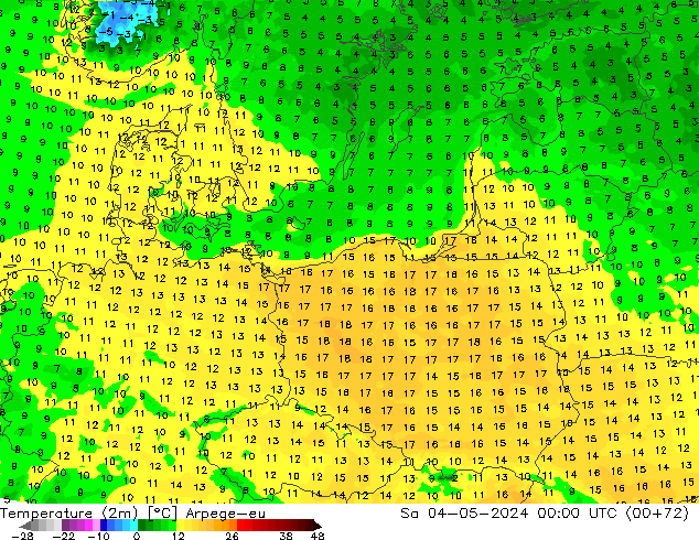 Temperatuurkaart (2m) Arpege-eu za 04.05.2024 00 UTC