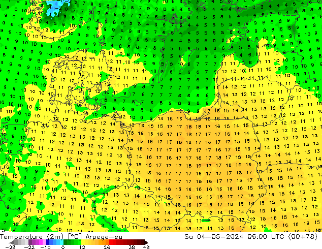 mapa temperatury (2m) Arpege-eu so. 04.05.2024 06 UTC