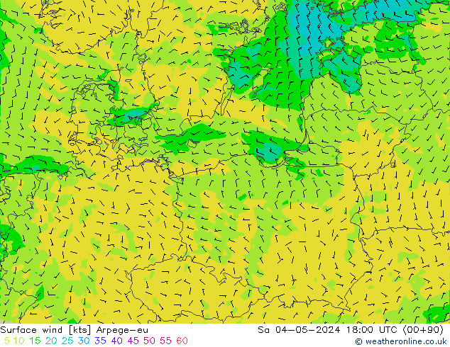 Vento 10 m Arpege-eu Sáb 04.05.2024 18 UTC