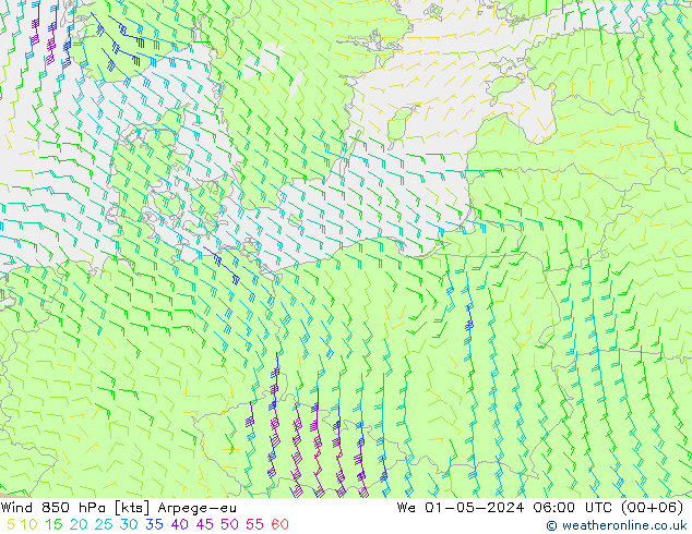 Wind 850 hPa Arpege-eu We 01.05.2024 06 UTC