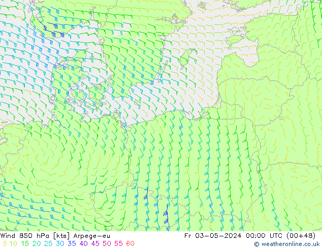 Wind 850 hPa Arpege-eu Pá 03.05.2024 00 UTC