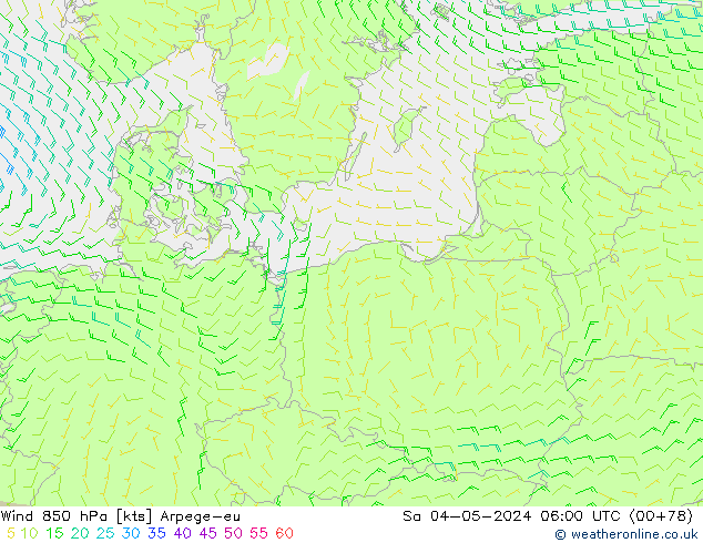 Wind 850 hPa Arpege-eu Sa 04.05.2024 06 UTC