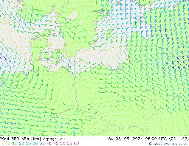Wind 850 hPa Arpege-eu Su 05.05.2024 06 UTC