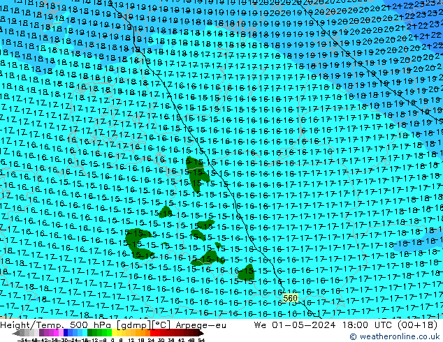 Yükseklik/Sıc. 500 hPa Arpege-eu Çar 01.05.2024 18 UTC