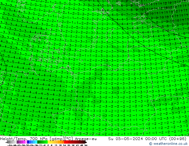 Height/Temp. 700 hPa Arpege-eu nie. 05.05.2024 00 UTC