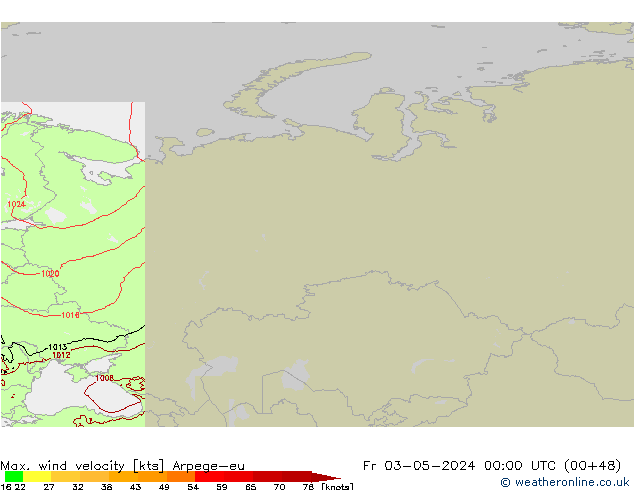 Max. wind velocity Arpege-eu Fr 03.05.2024 00 UTC