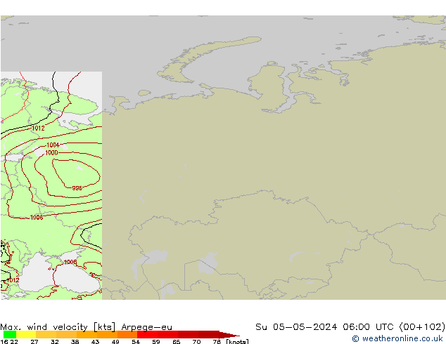 Max. wind velocity Arpege-eu Su 05.05.2024 06 UTC