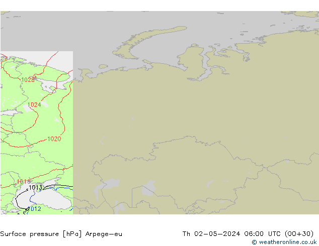 Atmosférický tlak Arpege-eu Čt 02.05.2024 06 UTC