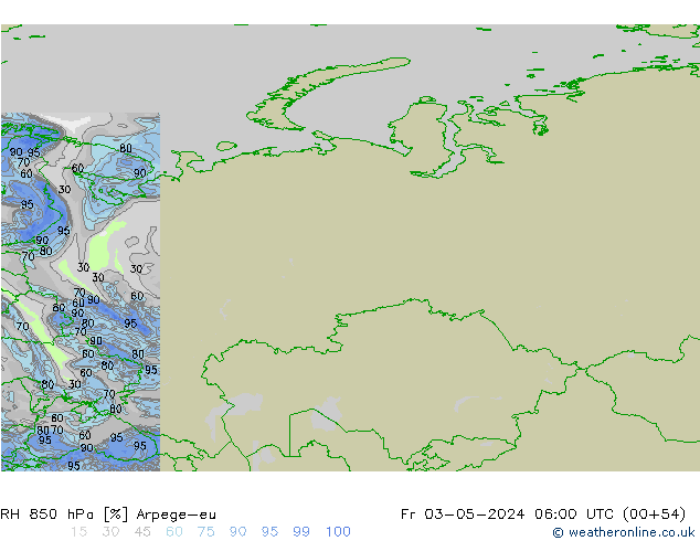 RH 850 hPa Arpege-eu Sex 03.05.2024 06 UTC