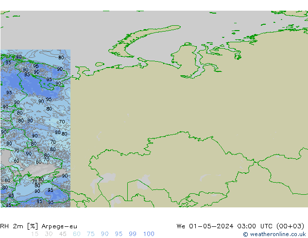 RH 2m Arpege-eu mer 01.05.2024 03 UTC