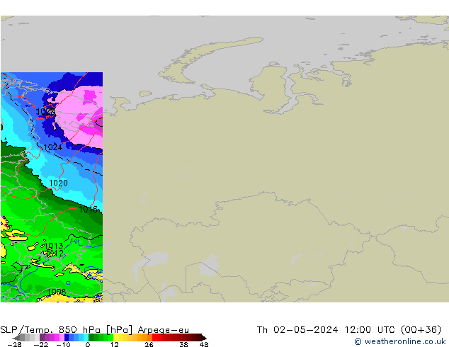 SLP/Temp. 850 hPa Arpege-eu Th 02.05.2024 12 UTC