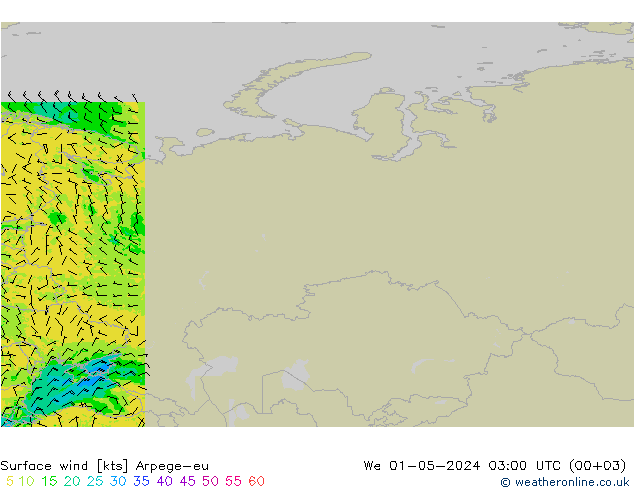 Vento 10 m Arpege-eu Qua 01.05.2024 03 UTC