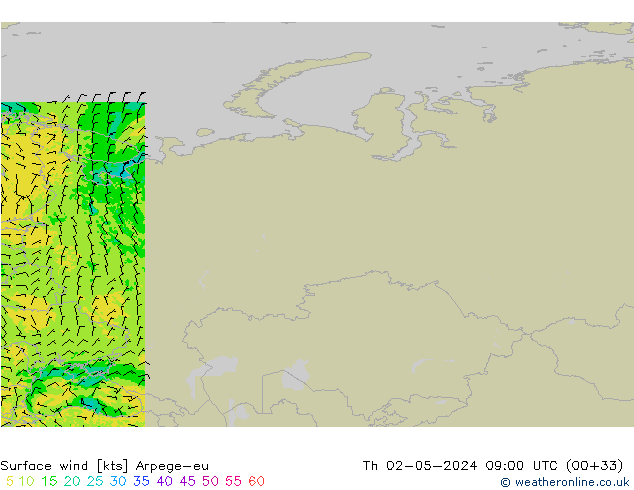 Surface wind Arpege-eu Th 02.05.2024 09 UTC