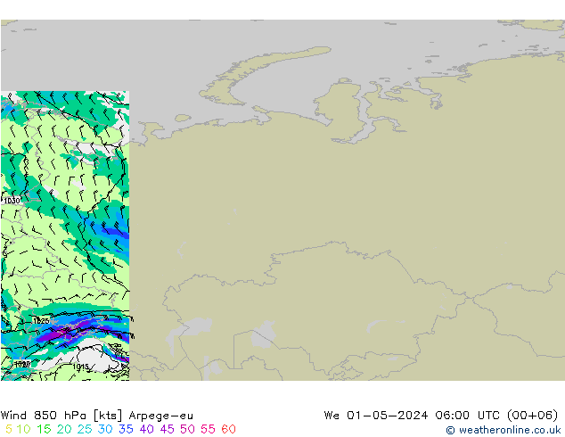 Wind 850 hPa Arpege-eu We 01.05.2024 06 UTC