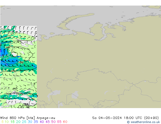 wiatr 850 hPa Arpege-eu so. 04.05.2024 18 UTC