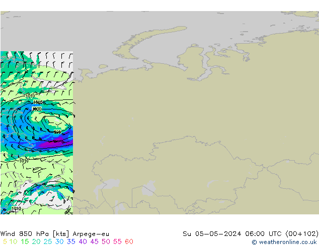 Wind 850 hPa Arpege-eu zo 05.05.2024 06 UTC