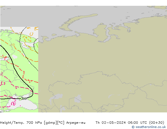 Height/Temp. 700 hPa Arpege-eu gio 02.05.2024 06 UTC