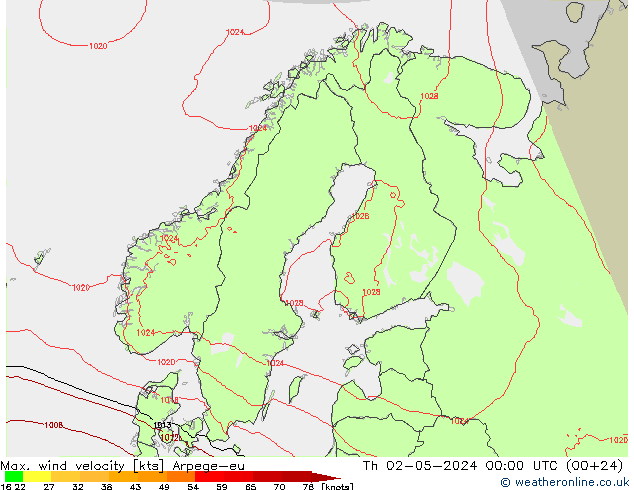 Max. wind velocity Arpege-eu Čt 02.05.2024 00 UTC