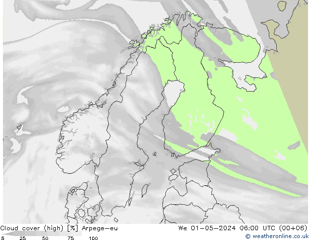 Cloud cover (high) Arpege-eu We 01.05.2024 06 UTC