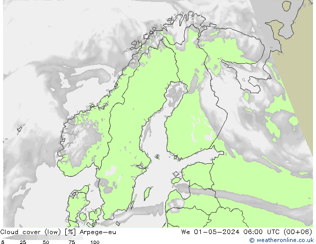 Cloud cover (low) Arpege-eu We 01.05.2024 06 UTC